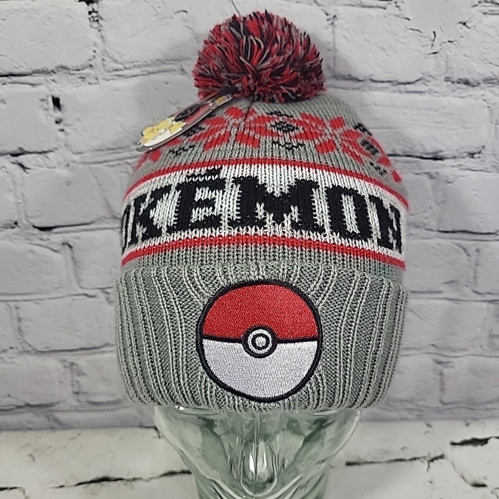 Pokemon Pokeball Bioworld Beanie Cap Fair Isle Pompom Gray Ski Cap O/S Ages 14+